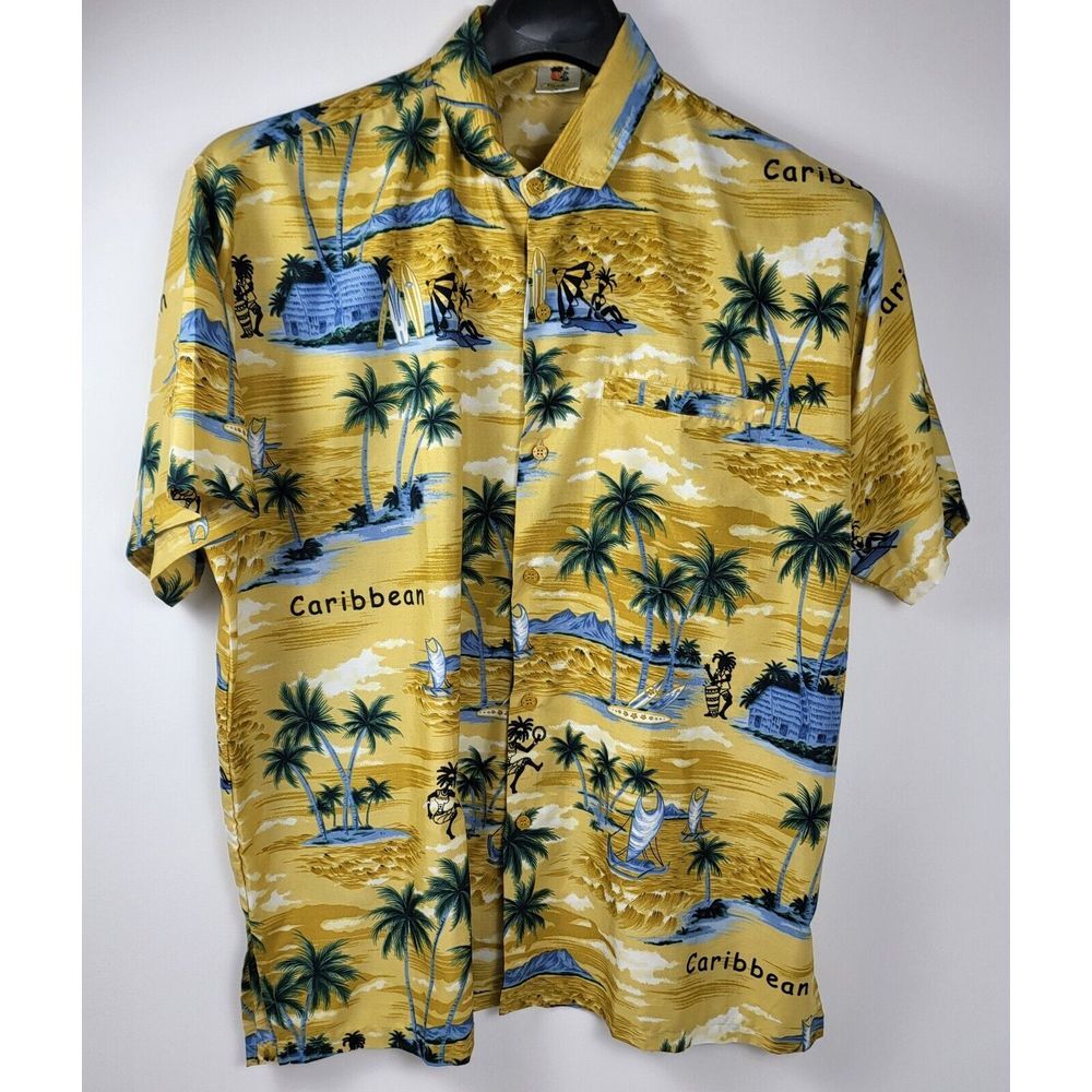 Mens Caribbean Island Hawaiian‎ RIMA Terivoile Yellow Palmtree Surf Large Shirt